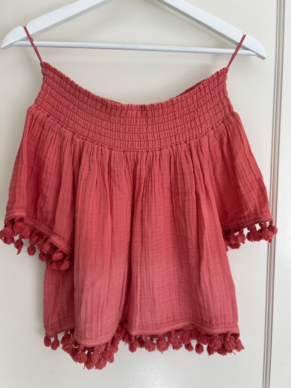 Michael Stars Pom-Pom Off-Shoulder Crop Top - Coral